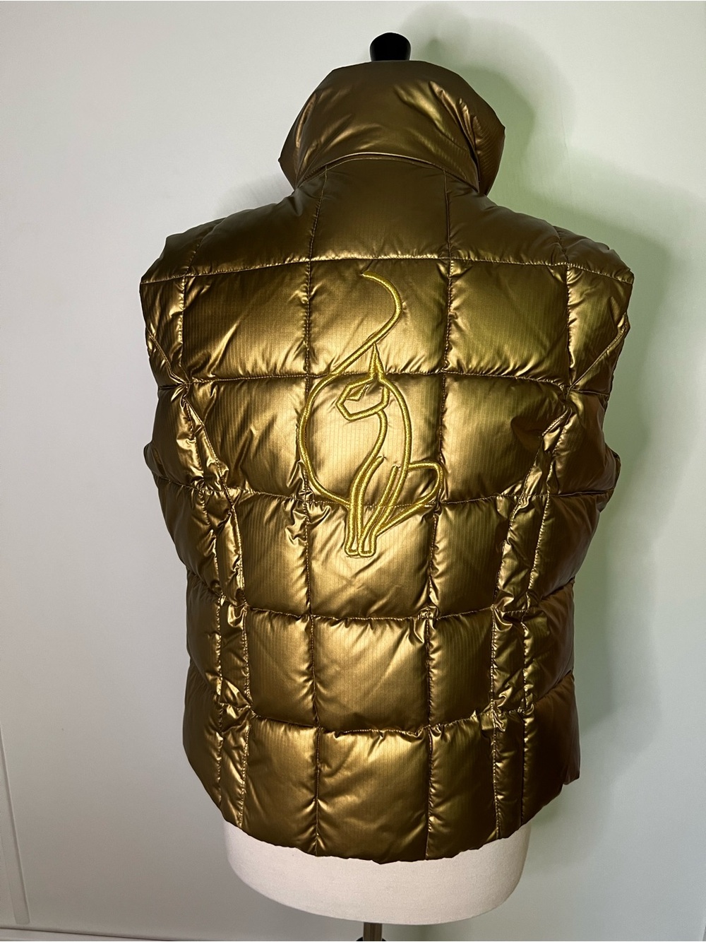 Baby Phat Metallic Gold Quilted Puffer Vest with Embroidered Cat Logo